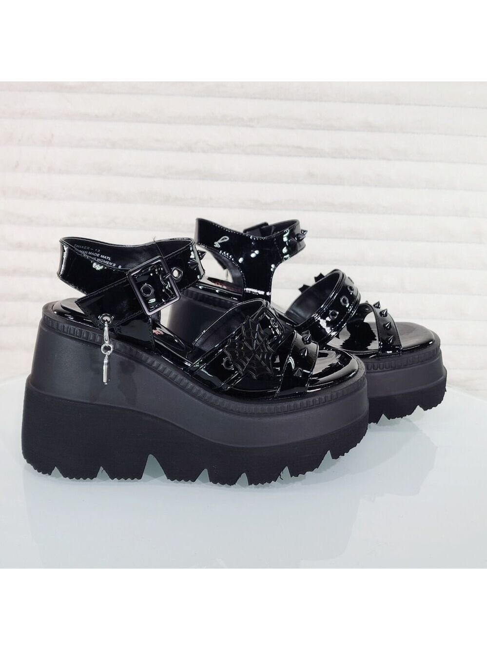 NIB Shaker 13 Black Out Patent 4.5" Wedge Heel Gothic Sandals Studs Charms - Picture 9 of 9